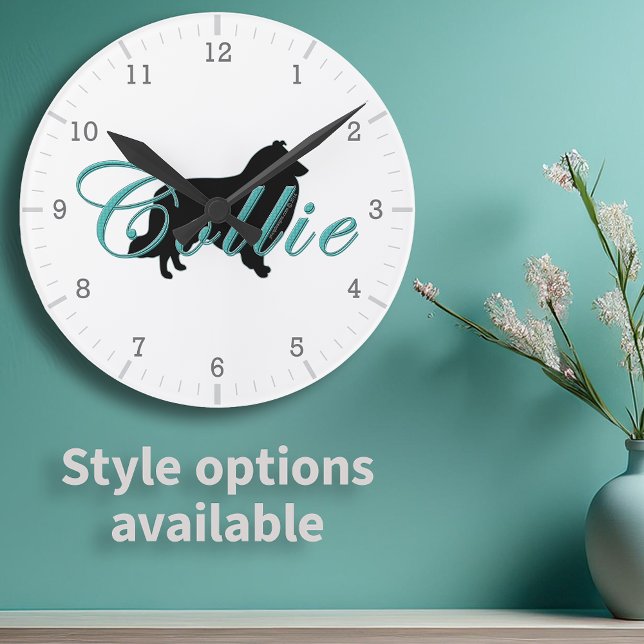 Horloge Ronde Collie arrondie Silhouette Texte du script Turquoi (Rough Collie Silhouette Teal Script Text Round Clock with available style options)