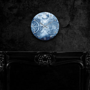 Horloge Ronde Compas vintage   Bleu Grunge carte marine
