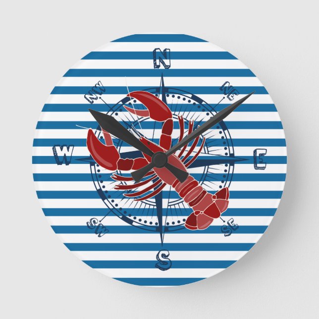 Horloge Ronde Compass and Lobster Blue and White Stripe Clock (Recto)