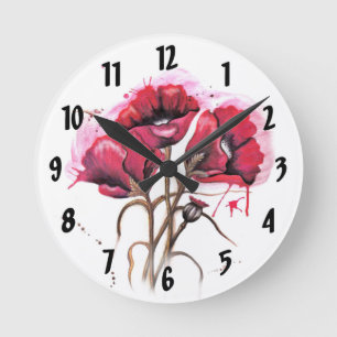Horloge Ronde Conception de l'horloge coquelicot aquarelle rouge