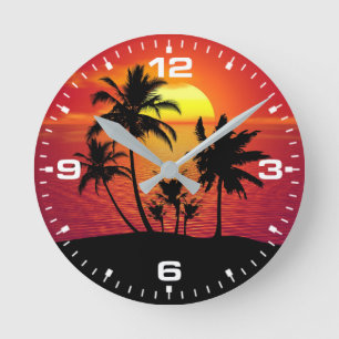 Horloge Ronde Conception de silhouette de palmiers au coucher du