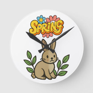Horloge Ronde Conception Graphique Rétro Années 70 Lapin de Prin