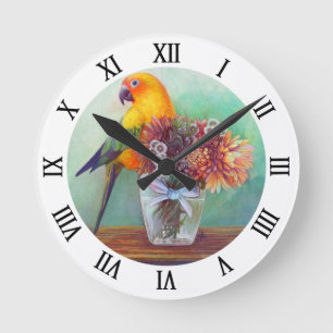 Horloge Ronde Conure et fleurs de Sun