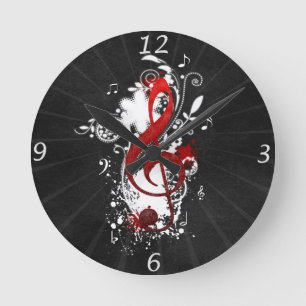 Horloge Ronde Cool Musique notes tourbillons pointillés fleurs 