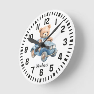 Horloge Ronde Cool Nom personnalisé Voiture Pilote Ours