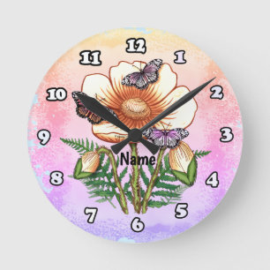 Horloge Ronde Coquelicot jaune papillon