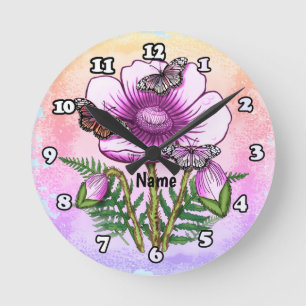 Horloge Ronde Coquelicot Rose Papillon