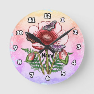 Horloge Ronde Coquelicot rouge papillon