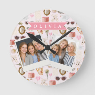 Horloge Ronde Coquette Rose Personnalisé Féminin Vintage