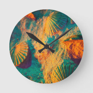 Horloge Ronde Coquilles colorées et sable sur la plage