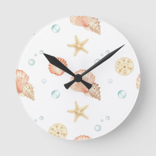 Horloge Ronde Coquilles d'eau Douces Perles Motif Côtier
