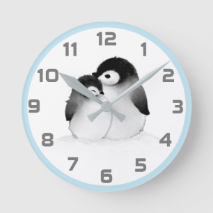 Horloge Ronde Couche murale des pingouins gris bleu