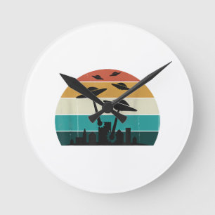 Horloge Ronde Coucher de soleil d'attaque UFO rétro - Sauc volan
