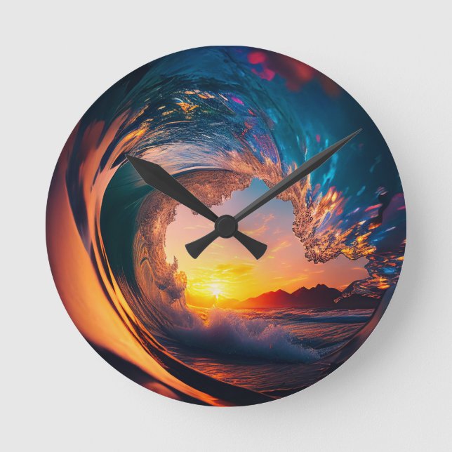 Horloge Ronde Coucher de soleil de la vague d'océan (Recto)