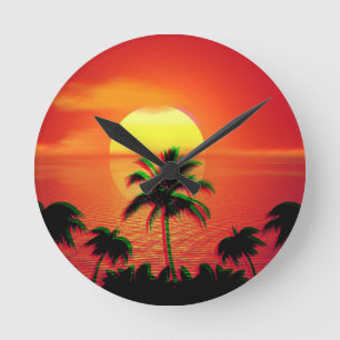 Horloge Ronde Coucher de soleil des Caraïbes Vaporwave Esthétiqu