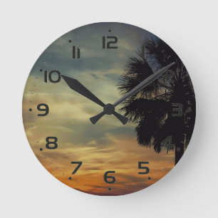 Horloge Ronde Coucher de soleil et palmier de Floride