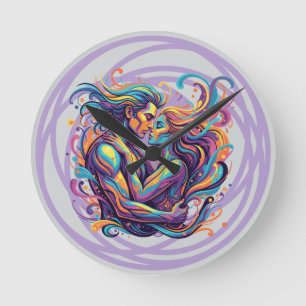 Horloge Ronde Couple vibrant embrassant l'art psychédélique flui
