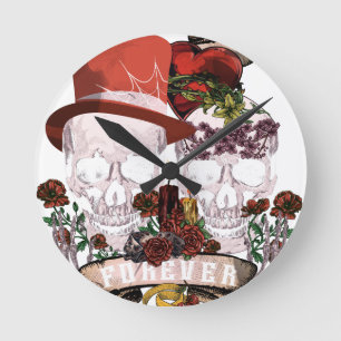 Horloge Ronde Couples de squelette de mariage d'amour de crâne