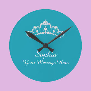 Horloge Ronde Couronne diamant, Nom, Votre Message, Turquoise
