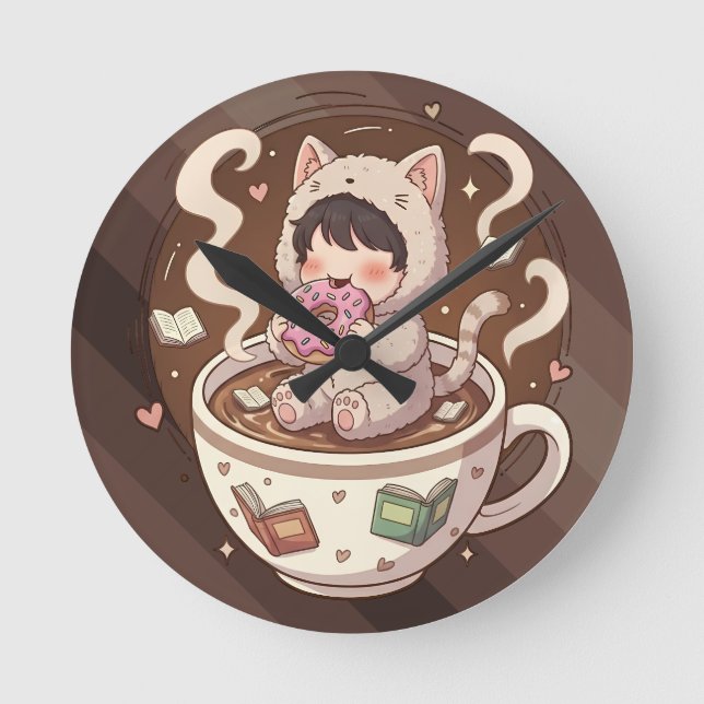 Horloge Ronde Cozy Cat Coffee Adventure Art (Recto)