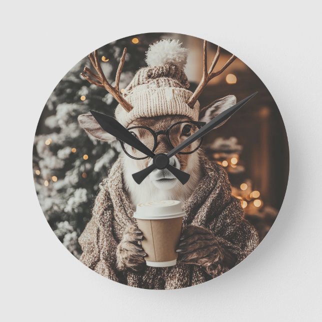 Horloge Ronde Cozy Reindeer Wall Clock with Coffee - Solive Win (Recto)