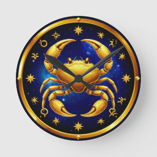 Horloge Ronde Crabe Doré Zodiaque Cosmique