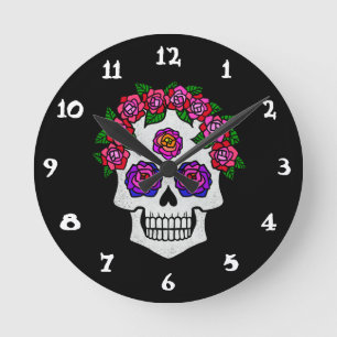 Horloge Ronde Crâne avec Roses
