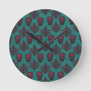 HORLOGE RONDE CRÂNE DAMASK ROSE CHAUD SUR TEAL