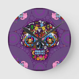 Horloge Ronde Crâne en art sucré Kawaii Doodle personnalisé
