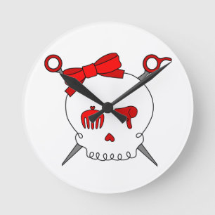 Horloge Ronde Crâne et ciseaux accessoires de cheveux (rouges)
