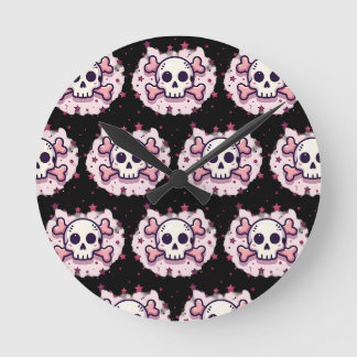 Horloge Ronde Crâne et Os en Rose Pastel