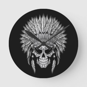 Horloge Ronde Crâne indigène foncé de sucre avec la coiffe