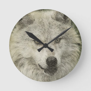 Horloge Ronde Crayon de loup gris croquis d'art faunique cadeau