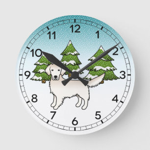Horloge Ronde Crème Anglaise Golden Retriever En Hiver & Arbres