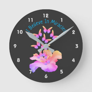 Horloge Ronde Croire En Miracles Hibiscus Flower Butterflies