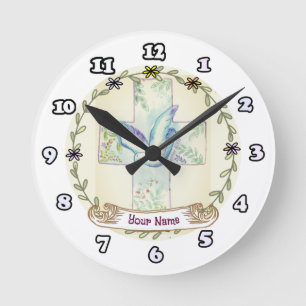 Horloge Ronde Croix chrétienne de la colombe