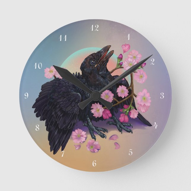 Horloge Ronde Crow naissant avec fleurs de pomme (Recto)
