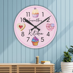 Horloge Ronde Cuisine Aquarellée Cuisine rose personnalisée