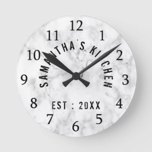 Horloge Ronde Cuisine Marbre blanc personnalisée classique