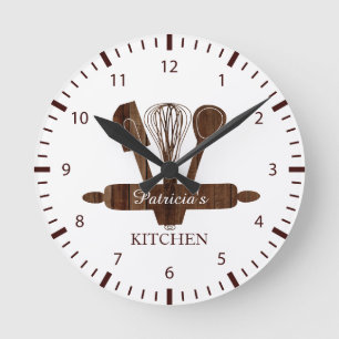 Horloge Ronde Cuisine Personnalisée Bois Sombre Rustique Et Blan