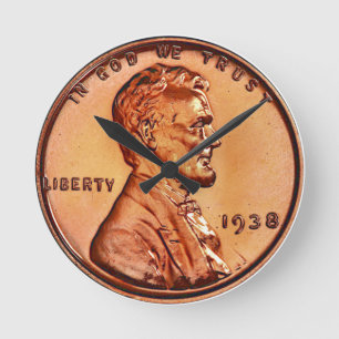 Horloge Ronde Cuivre 1938 Abraham Lincoln penny, un cent rond