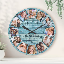 Horloge Ronde Custom Photo Collage Natural Wood Family Nom