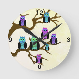 Horloge Ronde Cute Bright Owls