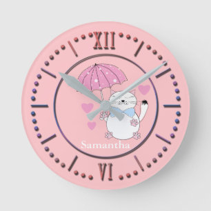 Horloge Ronde Cute cartoon cat with umbrella