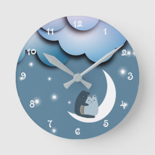 Horloge Ronde Cute Cats Cuddling on the Moon Art