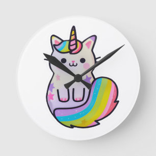 Horloge Ronde Cute chat licorne arc-en-ciel