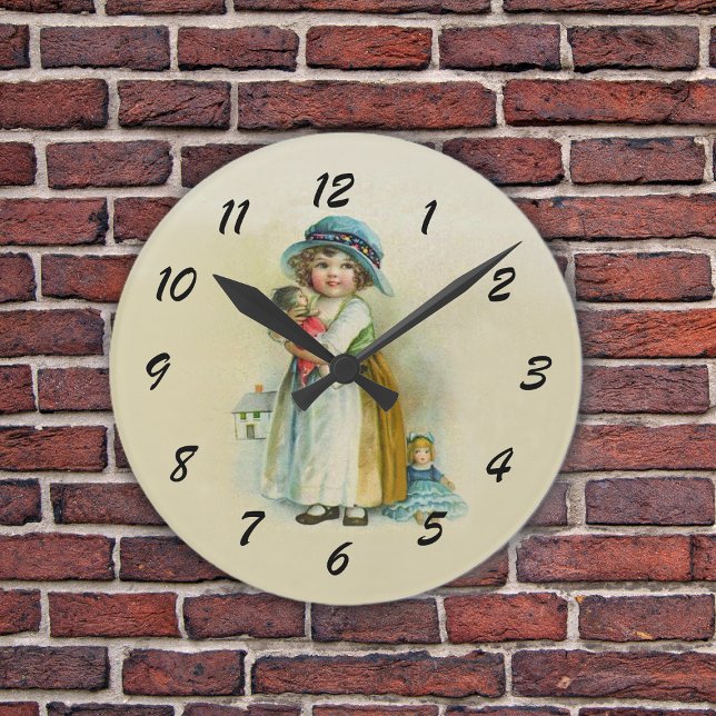 Horloge Ronde Cute Chubby Cheeks (Victorian little girl chubby cheeks holding dolls on tan wall clock.)