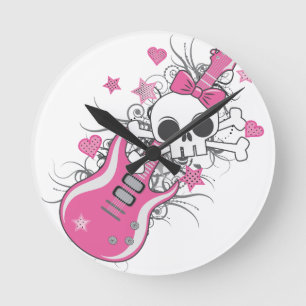 Horloge Ronde Cute crâne avec guitare rose
