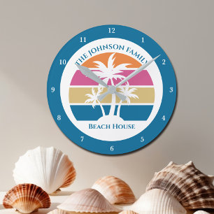 Horloge Ronde Cute Custom Beach House Palm Trees Bleu