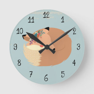Horloge Ronde Cute Feuille de printemps et Fox Woodland